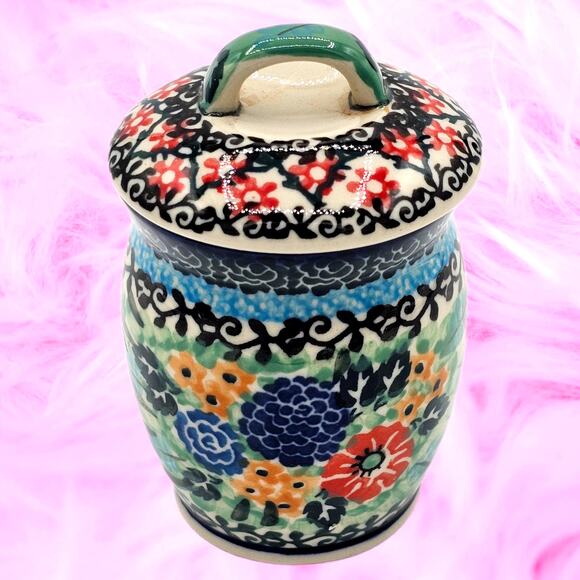 Boleslawiec Stoneware Floral Jar & Lid - Hand Painted Unikat Polish Pottery - Picture 4 of 9